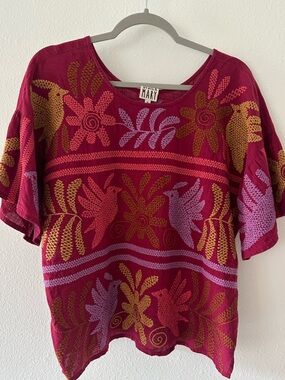 Sister Mary Raspberry Multi Floral Knit Boxy Embroidered Short-Sleeve Top